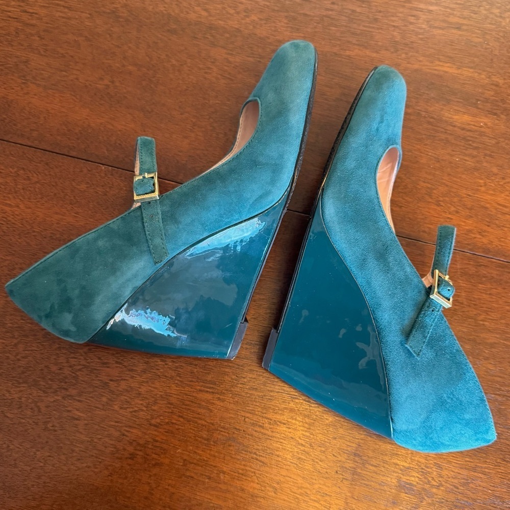 Vince Camuto Mary Jane Wedge Heels Magie Suede Leather Teal Blue/Green | Size 8 - Picture 5 of 10